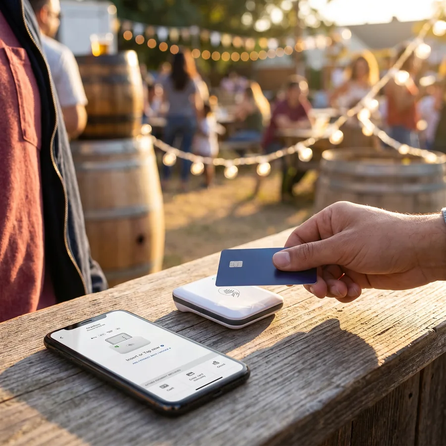 Clover Go card reader paired with a phone at a beer garden pop-up