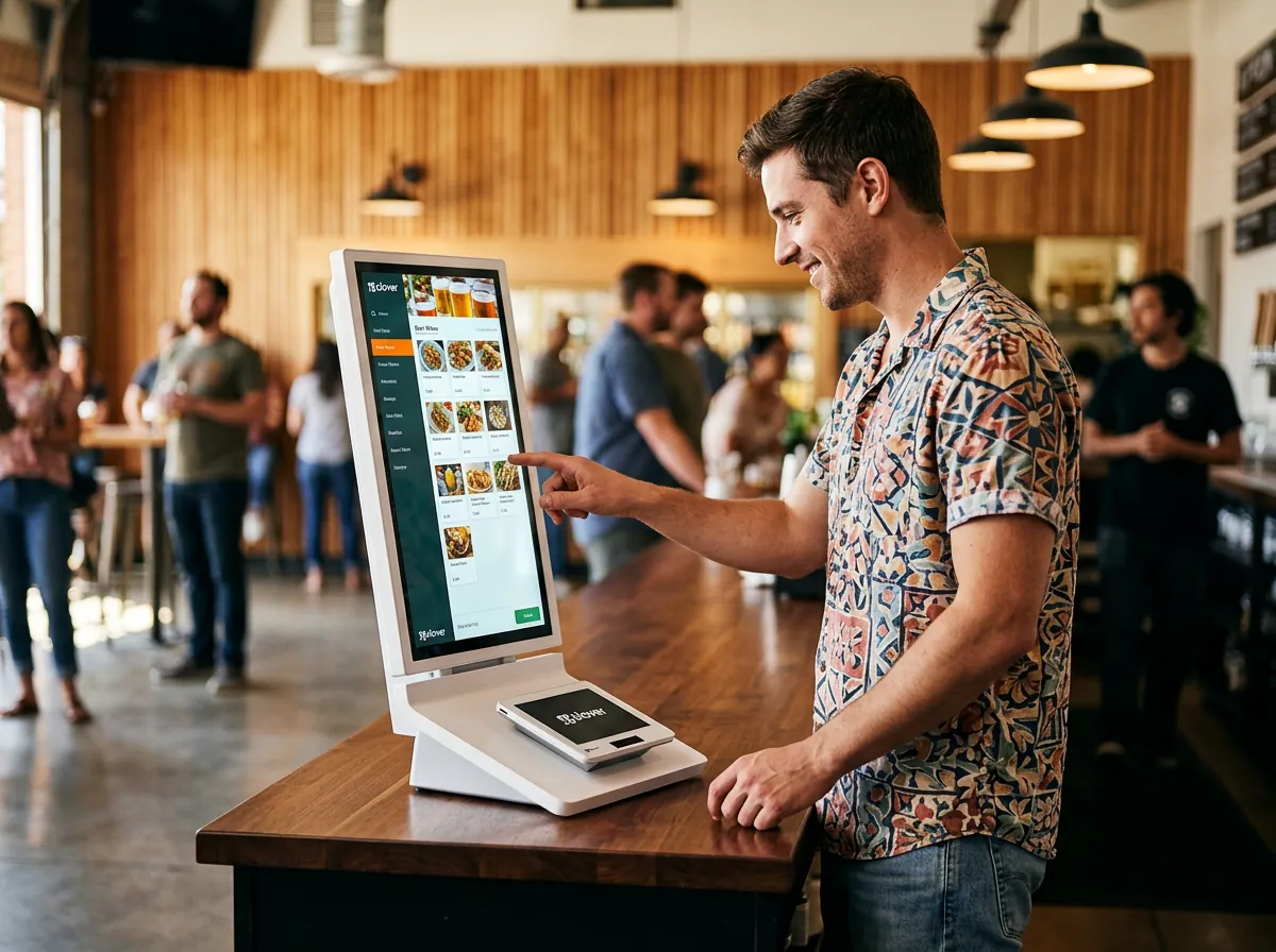 Guest ordering on a Clover Kiosk in a taproom