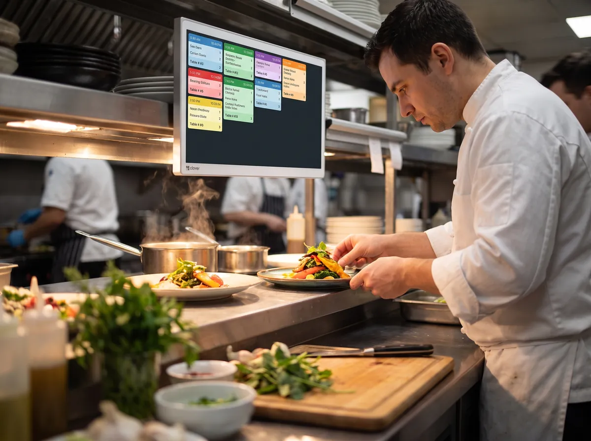 Chef plating at the pass under a Clover Kitchen Display
